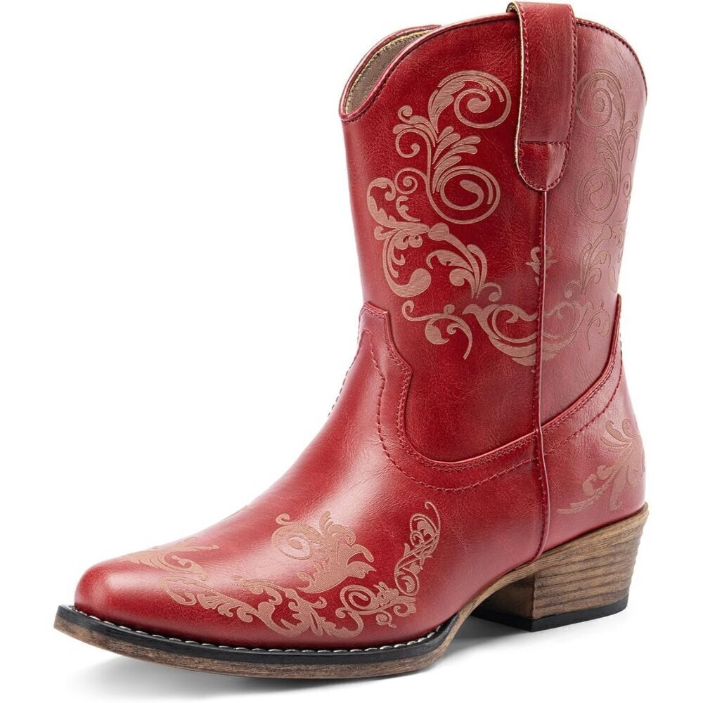 🆕 Red Faux Leather Women's Cowboy Cowgirl Western Ankle Boots Chunky Low Heel